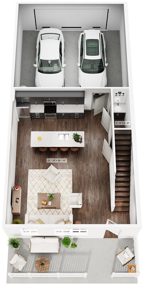a floor plan of a two bedroom apartment with two cars in the garage and a dining room